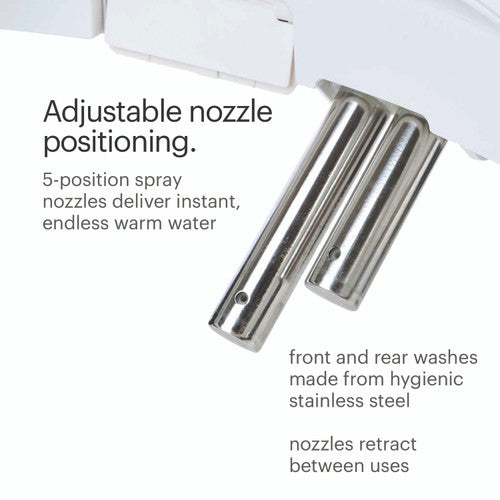Brondell Swash 1000 Electric Bidet Seat Two metallic nozzles with text describing adjustable nozzle positioning and material properties.
