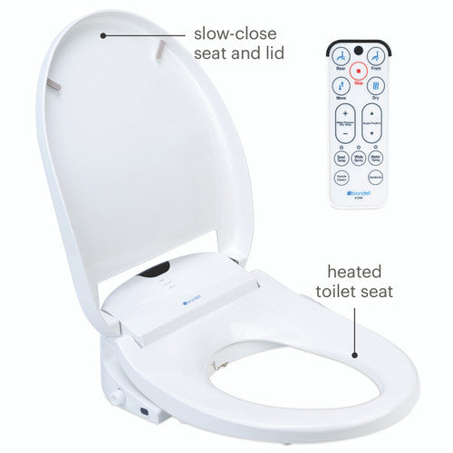 Brondell Swash 1000 Electric Bidet Seat  with remote control labeled for slow-close seat and lid and heated toilet seat features.