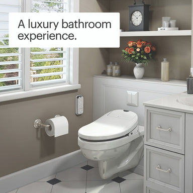 Bathroom with Brondell Swash 1000 Electric Bidet Seat isntalled, sink, and decorative elements.