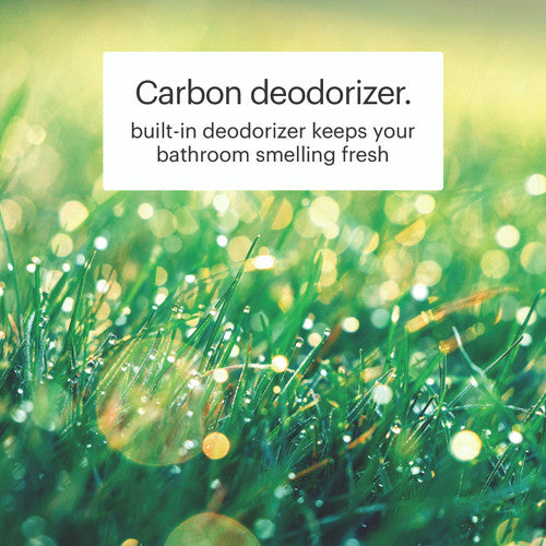 Close-up of grass with a drop of water, featuring text about a carbon deodorizer.