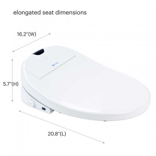 Brondell Swash 1000 Electric Bidet Seat with elongated seat dimensions labeled on a white background