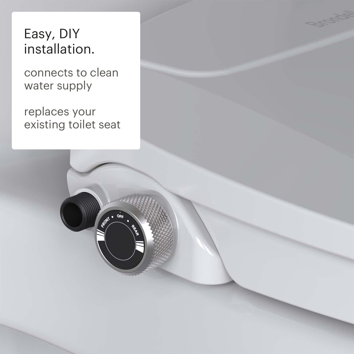 Close-up of Brondell Swash Ecoseat Non-Electric Bidet Seat attachment with text on an easy DIY installation.