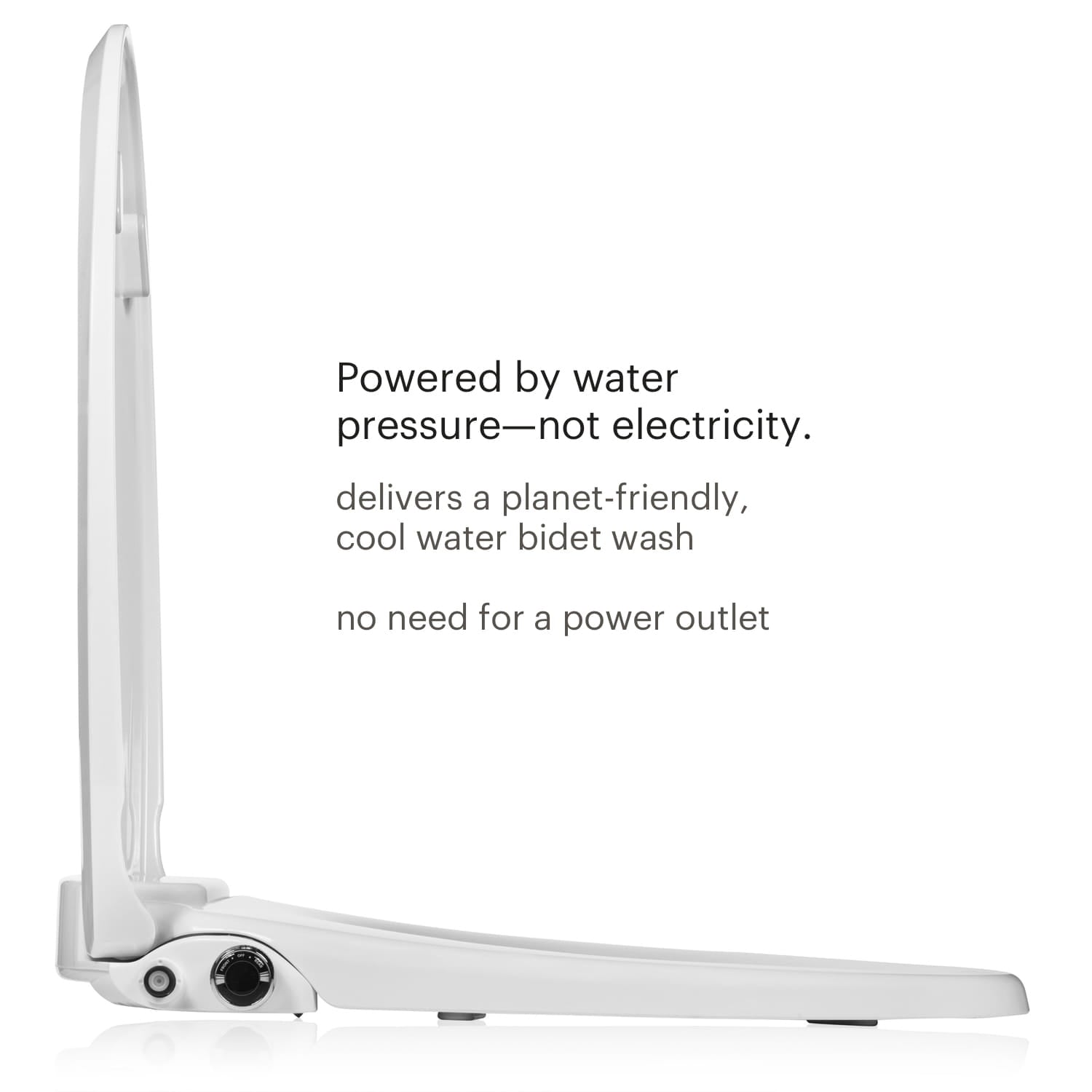 Open Brondell Swash Ecoseat Non-Electric Bidet Seat side view with text about water pressure operation on a white background