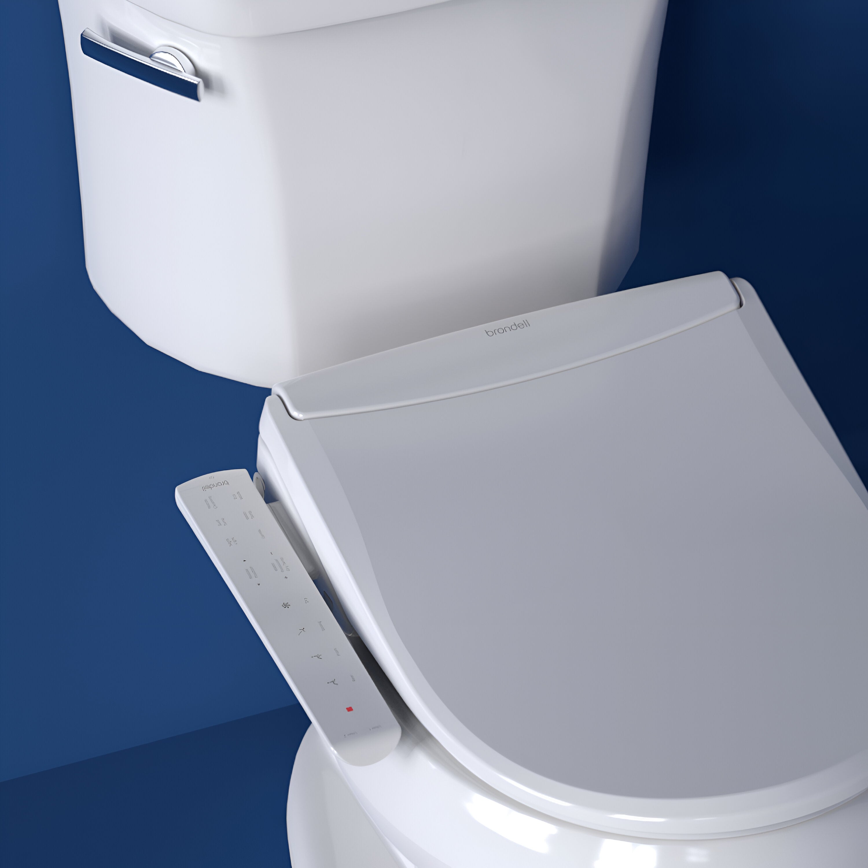 White toilet with a Brondell Swash Thinline T22 electric bidet  seat on a blue background