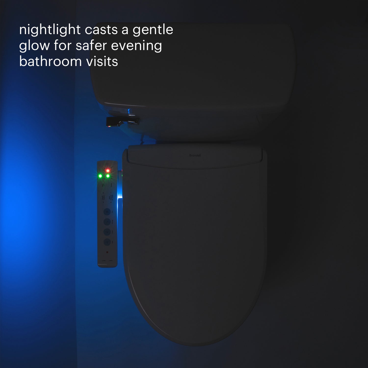 Brondell Swash Thinline T22 electric bidet Toilet nightlight attached to a toilet bowl with text indicating its use.
