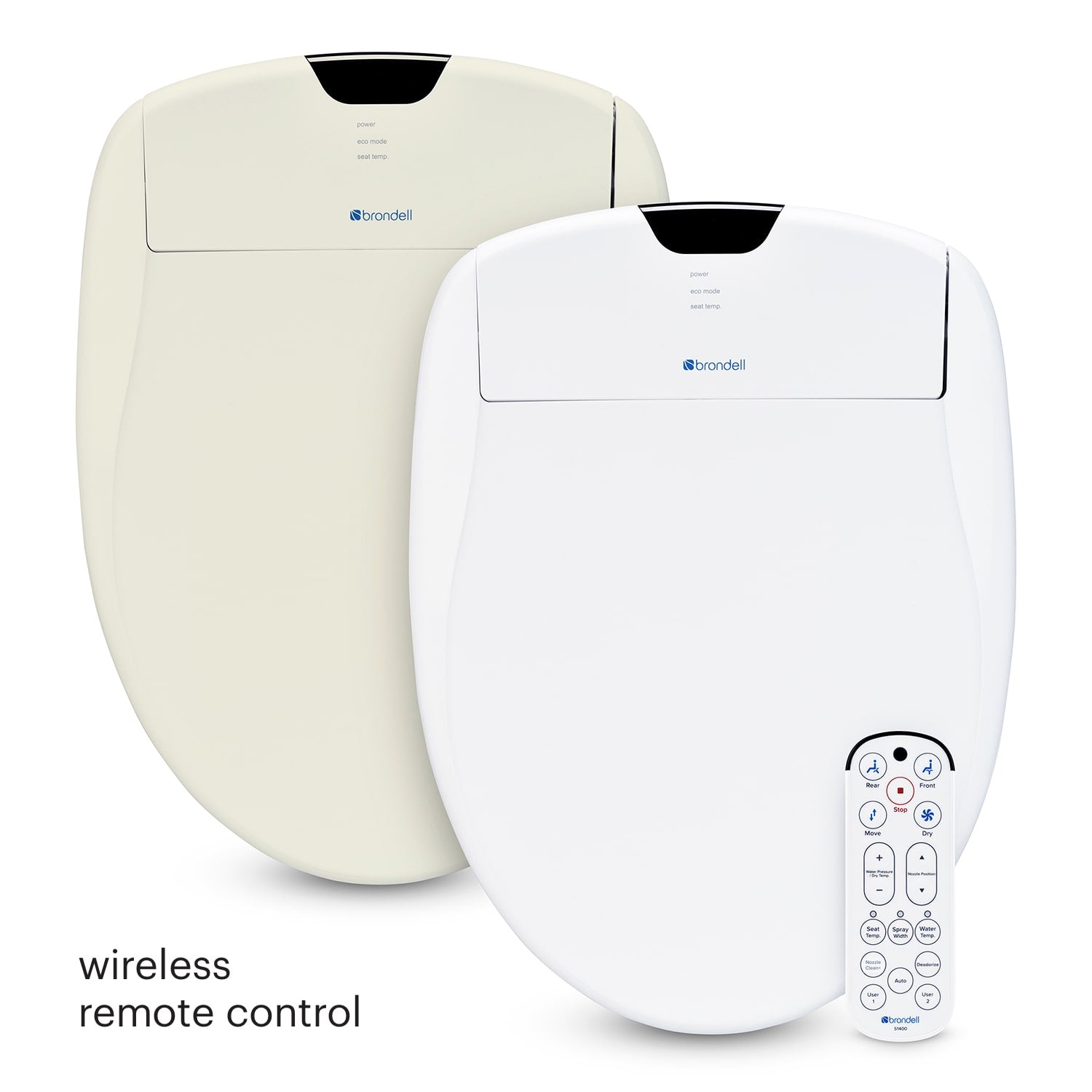 Two Brondell Swash Thinline T22 electric bidet toilet seats with a wireless remote control on a white background.