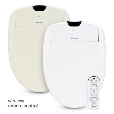 Two Brondell Swash Thinline T22 electric bidet toilet seats with a wireless remote control on a white background.