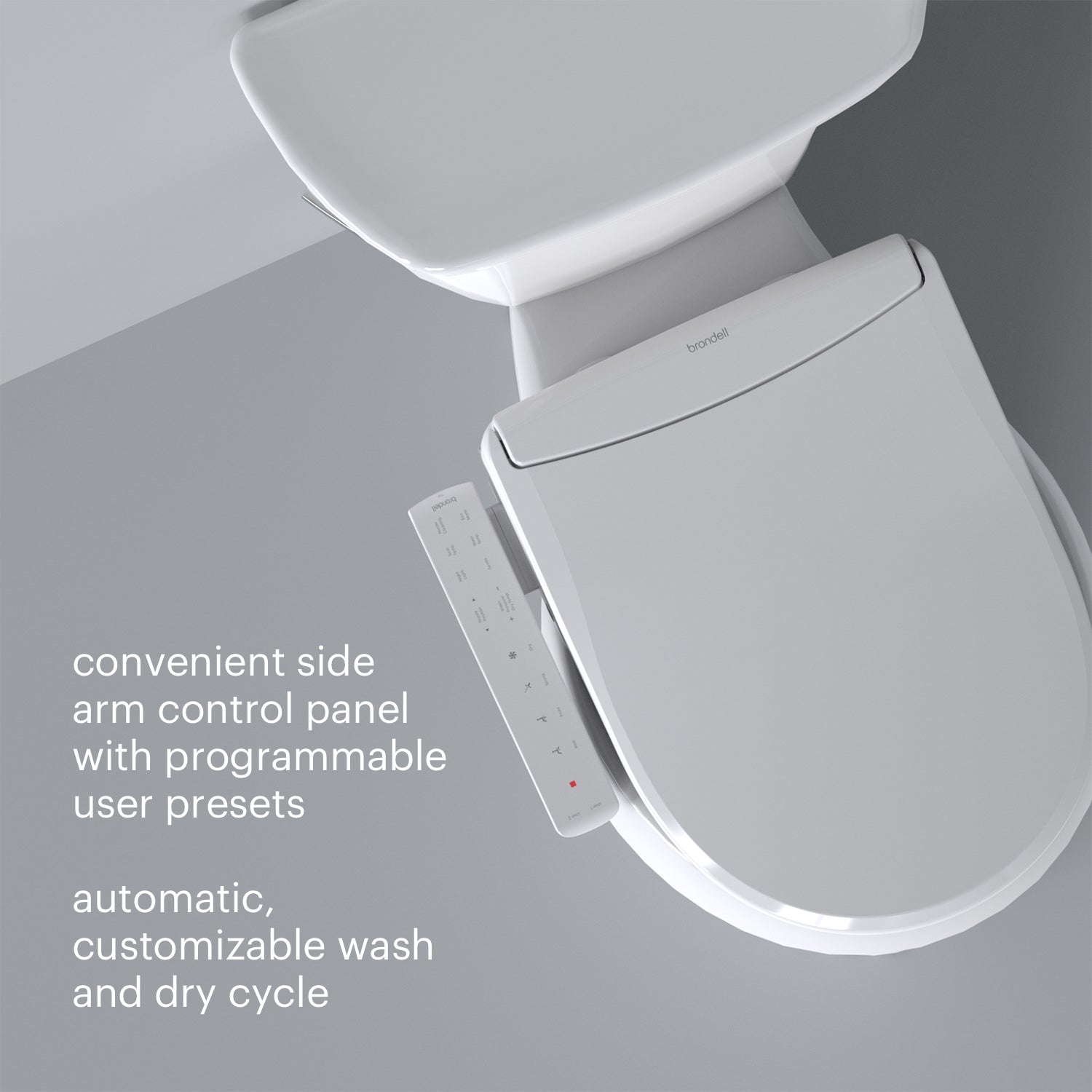 Brondell Swash Thinline T22 electric bidet side arm attachment with control panel on a gray background