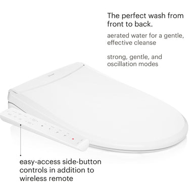 Brondell Swash Thinline T22  electronic toilet seat with features highlighted on a white background